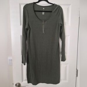 Olive Ribbed Long Sleeve Zip-Front Dress